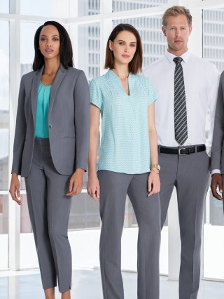 Platinum Suiting with Fern and Palm Pearl Polyester blouses.