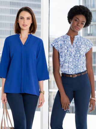Denim Suiting with Sapphire and Picasso Pearl Polyester blouses.