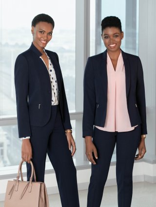 Nautical Navy Suiting with Nude and Eclipse Pearl Polyester blouses.