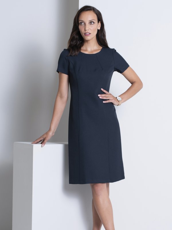 Dresses, Rachel , Greek Navy: Fitted A-Line , lined short sleeve dress. Approx. 98cm centre back length. Please note leather belts are not included.