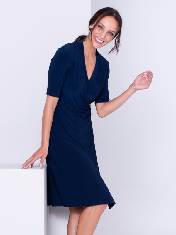 Dresses, Jasmin, Navy Silky Knit: Classic Fit, elbow sleeved wrap dress. Approx. 105cm in length