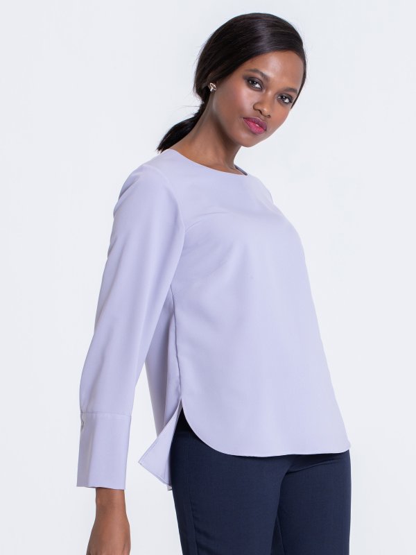 Blouses, Becky, Lilac Grey : Classically styled , long sleeve , boxy top with a curved hem and wide cuff.