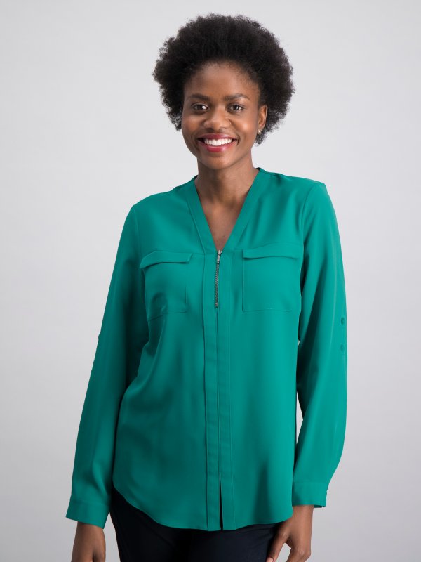 Blouses, Sabrina, Emerald: Relaxed , Long Sleeve adjustable Sleeve Blouse, Zip Front