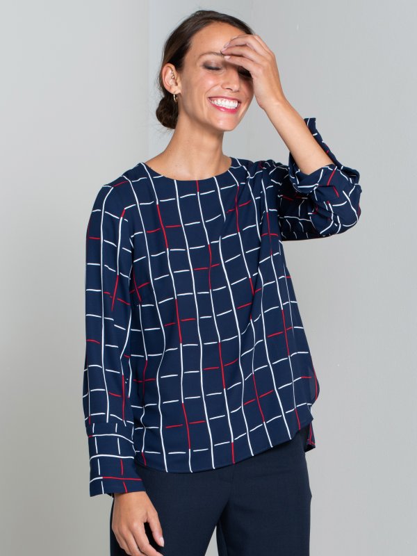 Blouses, Becky, District: Classically styled , long sleeve , boxy top with a curved hem and wide cuff.