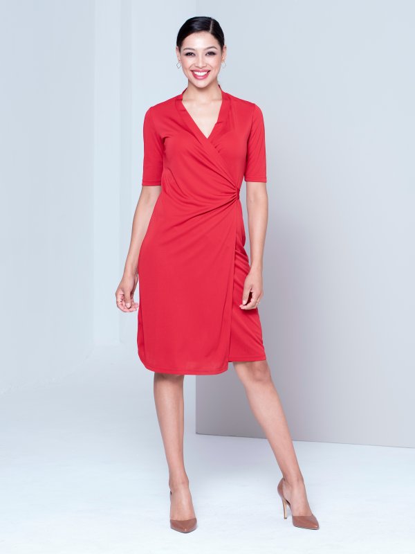 Dresses, Jasmin, Red Silky Knit: Classic Fit, elbow sleeved wrap dress. Approx. 105cm in length