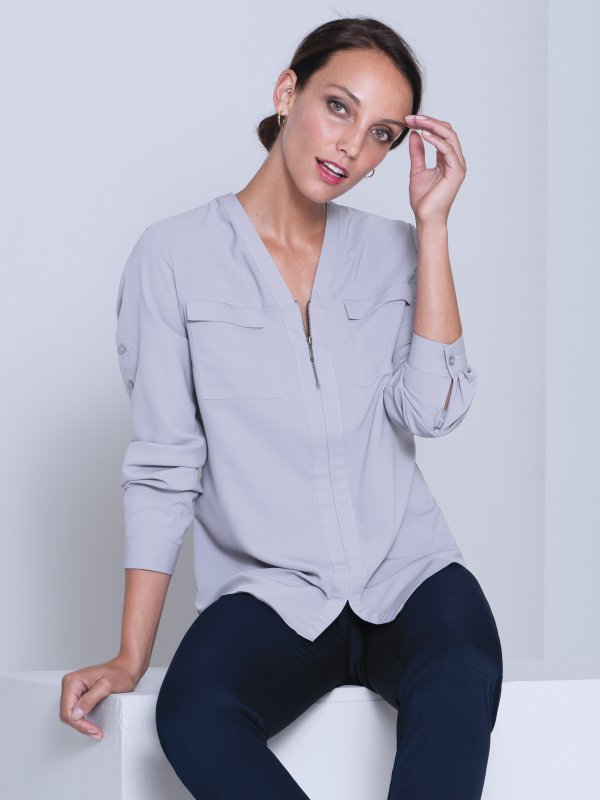 Blouses, Sabrina, Lilac Grey : Relaxed , Long Sleeve adjustable Sleeve Blouse, Zip Front