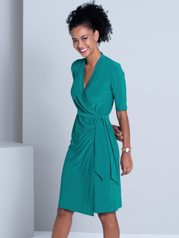 Dresses, Jasmin, Jade Silky Knit: Classic Fit, elbow sleeved wrap dress. Approx. 105cm in length