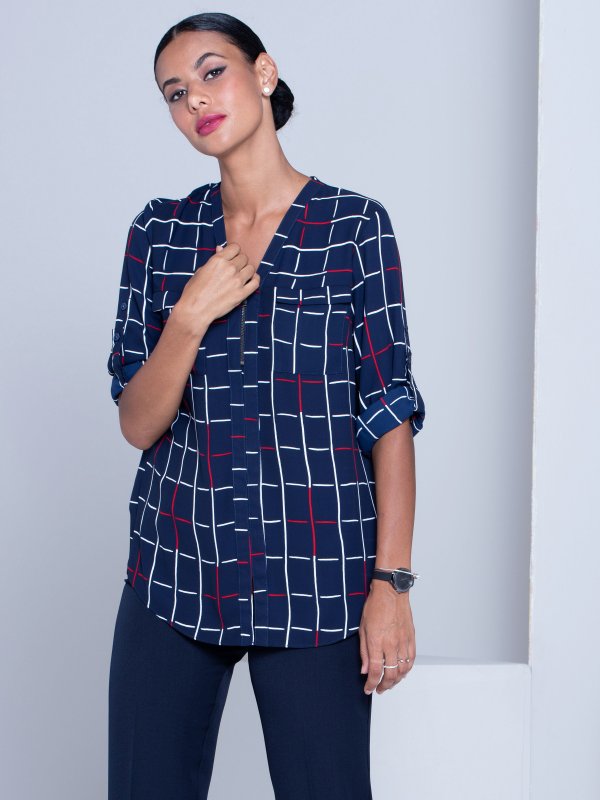 Blouses, Sabrina, District: Relaxed , Long Sleeve adjustable Sleeve Blouse, Zip Front