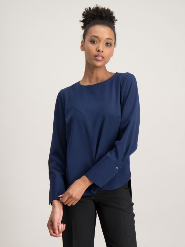 Blouses, Becky, Nightfall: Classically styled , long sleeve , boxy top with a curved hem and wide cuff.