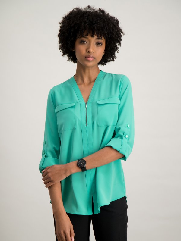 Blouses, Sabrina, Fern: Relaxed , Long Sleeve adjustable Sleeve Blouse, Zip Front