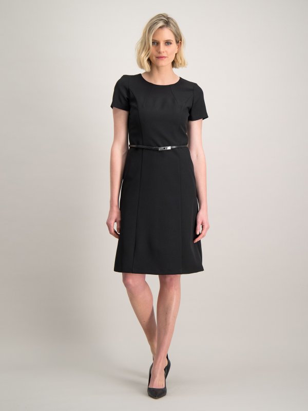 Dresses, Rachel , Liquorice: Fitted A-Line , lined short sleeve dress. Approx. 98cm centre back length. Please note leather belts are not included.