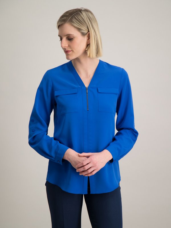 Blouses, Sabrina, Sapphire: Relaxed , Long Sleeve adjustable Sleeve Blouse, Zip Front