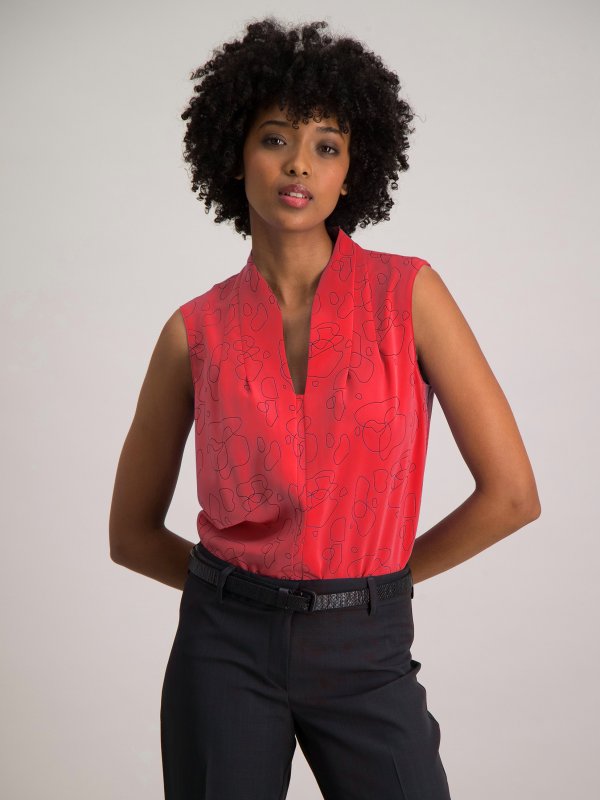 Blouses, Gisele, Red Apollo : Classic Fit Sleeveless Blouse, Pleat Neck Detail
