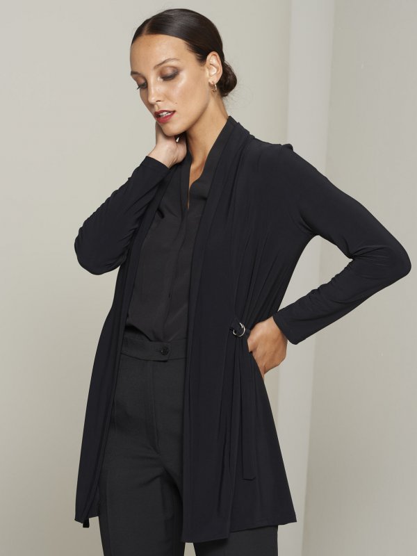 Silky Knits, Thea, Black Silky Knit: Classically styled, long sleeve , belted knit jacket 


