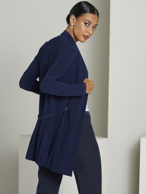 Silky Knits, Thea, Navy Silky Knit: Classically styled, long sleeve , belted knit jacket 


