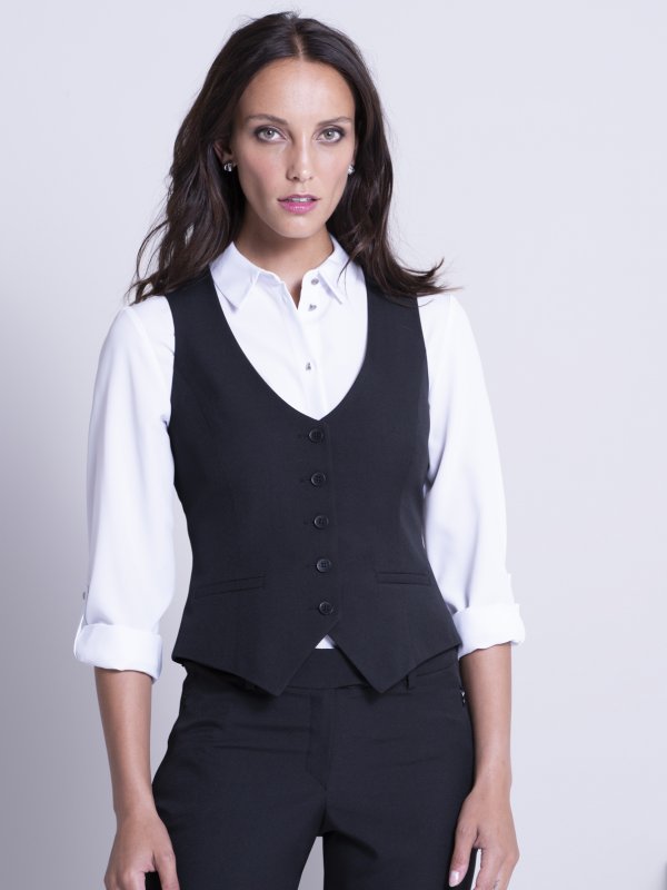 Jackets, Sophie , Diamond Black: Fitted waistcoat, with the back in lining material , tie buckle, lined.
