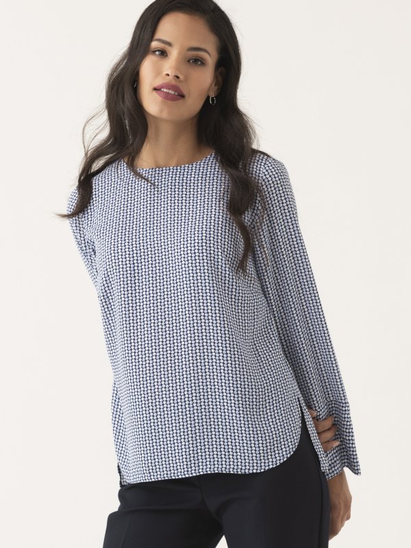 Blouses, Becky, Clouds: Classically styled , long sleeve , boxy top with a curved hem and wide cuff.