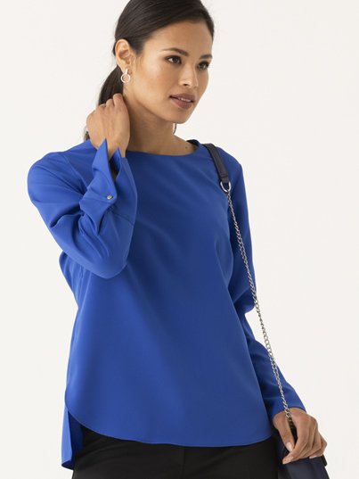 Blouses, Becky, Sapphire: Classically styled , long sleeve , boxy top with a curved hem and wide cuff.