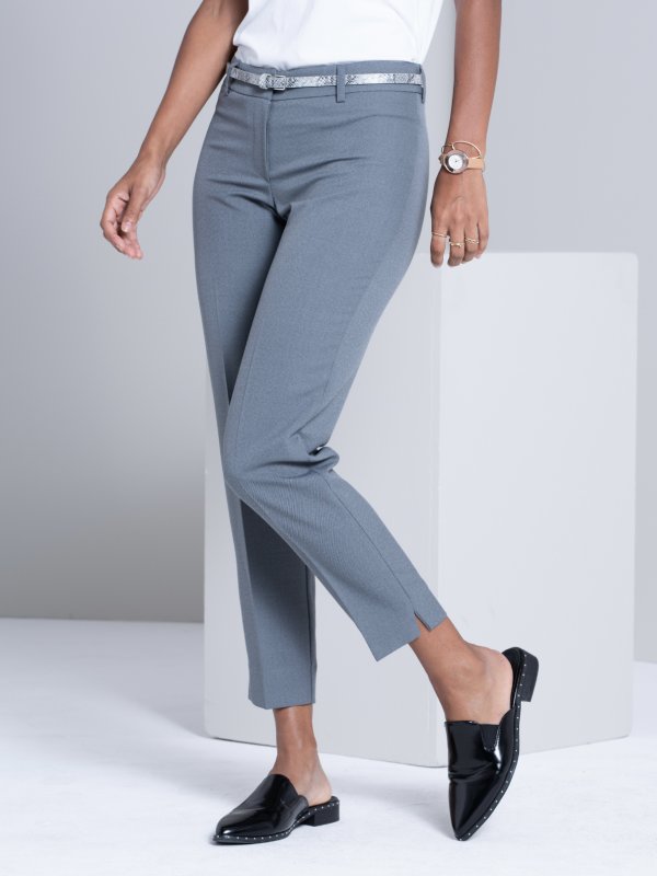 Slax, Gabriela, Silver: Petite , fitted crop pants with a cigarette pants , with side slits. 