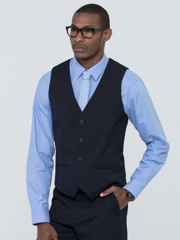 Jackets, Jacob, Navy: Fitted waistcoat, adjustable back buckle, lined.