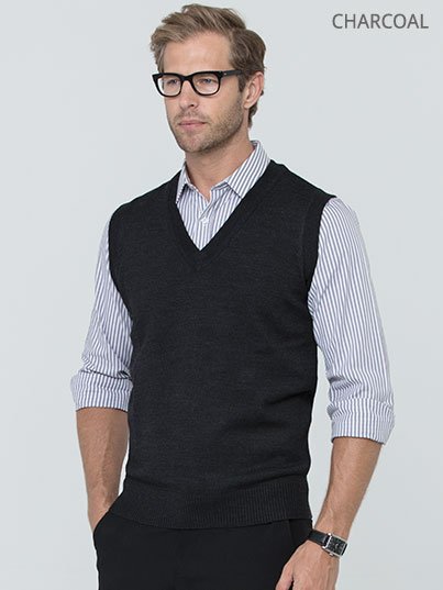 Knitwear, Ronnie, Charcoal: Fitted, sleeveless v-neck , pullover. Approx. 75cm centre back length.