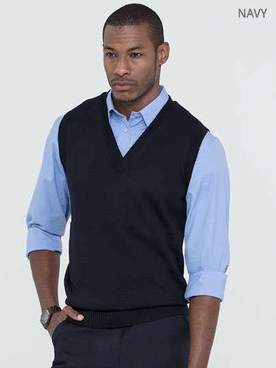 Knitwear, Ronnie, Navy: Fitted, sleeveless v-neck , pullover. Approx. 75cm centre back length.