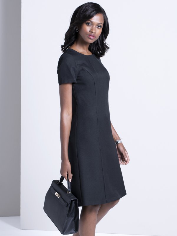 Dresses, Rachel , Diamond Black: Fitted A-Line , lined short sleeve dress. Approx. 98cm centre back length. Please note leather belts are not included.