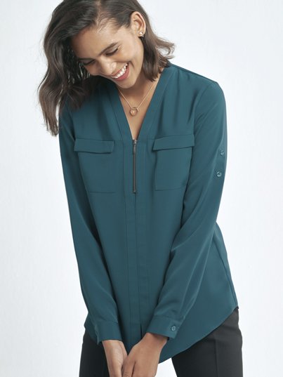Blouses, Sabrina, Peacock: Relaxed , Long Sleeve adjustable Sleeve Blouse, Zip Front