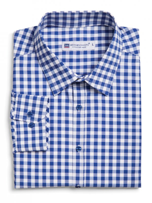 Shirts, Dean, Blue Gingham: Fitted Long Sleeve Men's shirt, no front pocket.  Approx. 75cm
