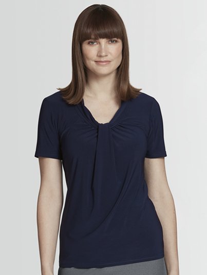 Silky Knits, Lola, Navy Silky Knit: 100% Polyester Short Sleeve, Knotted Front Knit Top