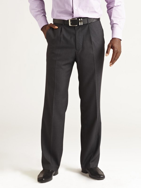 Pants, Mark, Charcoal: Men's pants with front pleats and back pocket. 
Approx. 84cm inside length.